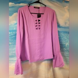 Supertrash Bell Sleeve Blouse Cutout Neck Long Sleeve Top Bright Lilac Size M XL